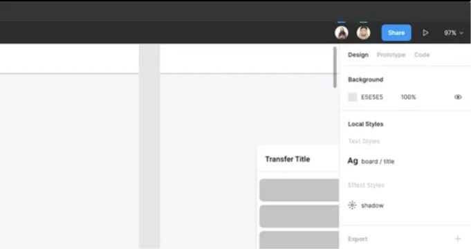 Close-up of a user interface design tool showing the 'Transfer Title' module and various design elements like text styles and color palettes.