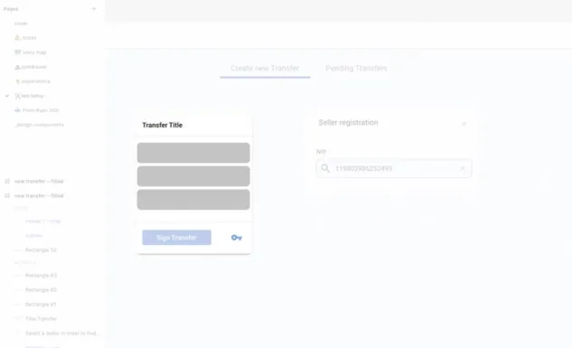 A user interface for creating a new transaction with fields for 'Transfer Title' and 'Seller registration', featuring a clean and minimalistic design.