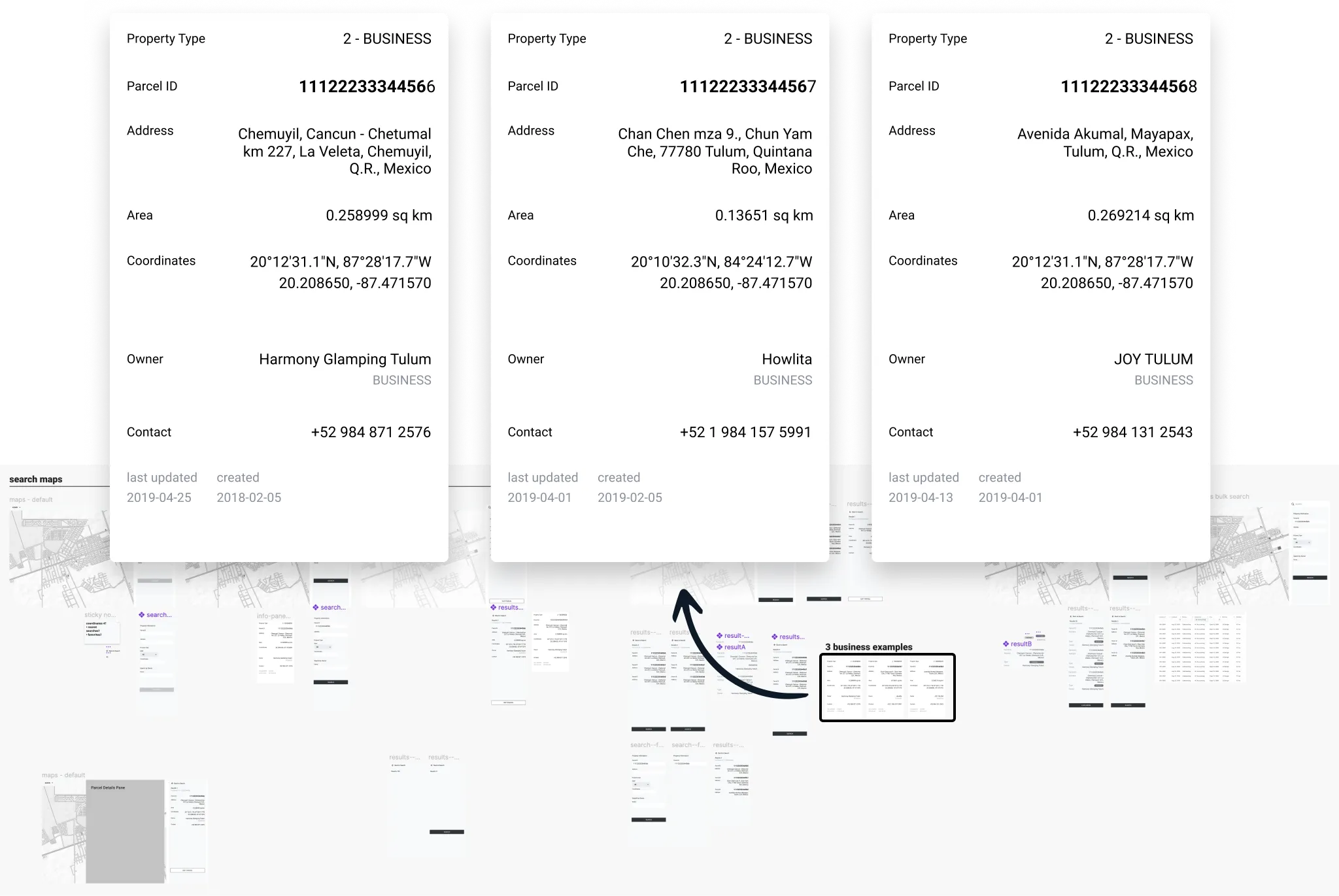 An archive collage of different interface iterations for a cadastral project, displaying various stages of user interface development.