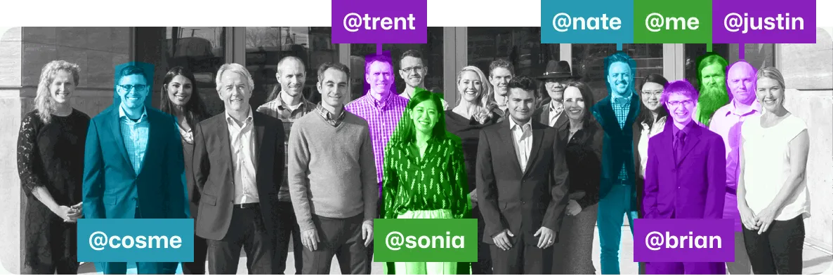 A group photo with selected individuals highlighted in color and tagged with their respective names, showing team collaboration and individual contributions.