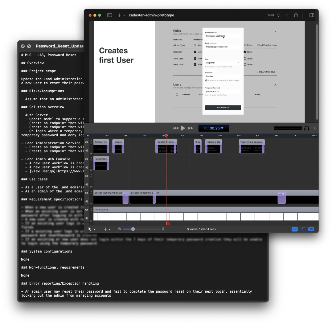 Screenshot compilation of various software interface stages including a framer prototype, video editing timelines, and a cadastral admin prototype update screen.